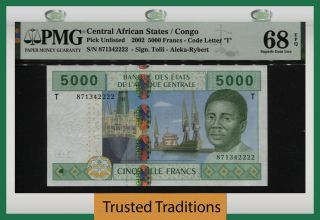 Tt Pk Unl 2002 Central African States 5000 Francs Pmg 68 Epq Gem Unc