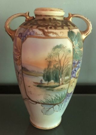 Vintage Nippon Hand Painted Lake Scene Vase Urn With Gold Dots