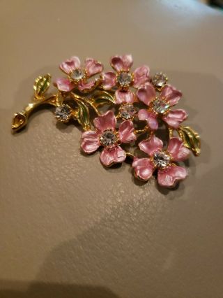 Vintage Rhinestone Pink Enamal Flower Bunch Bouquet Pin Brooch Goldtone