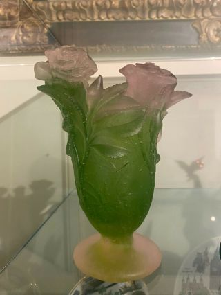 Daum France Crystal Glass Pate De Verre 7” Vase Pink Roses Green Leafs