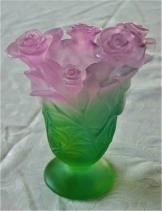 Daum France Roses Green And Pink Art Glass Vase 17.  5cm