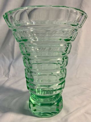 Signed Daum Nancy France Green Flared Vase With Polished Oval Cuttings.