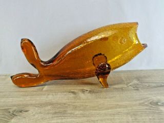 Mid Century Modern Blenko Handcraft Glass Fish 17 " In Crackle Amber Color