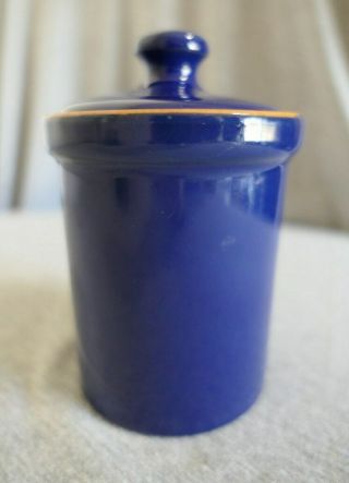 Cobalt Blue & Brown Stoneware Mustard Condiment Jar W Lid Made In Italy 5.  25 " H