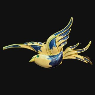 Vintage Jankuo Enamal Bird In Flight Brooch/pin Gold And Blue